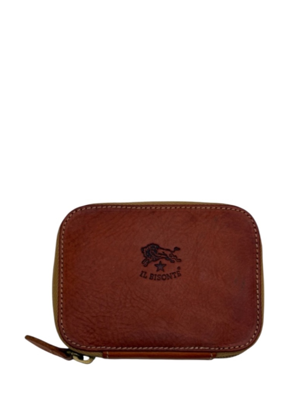 IL BISONTE - BROWN LEATHER COTTON CANVAS COMPACT ZIP AROUND CARDHOLDER WALLET